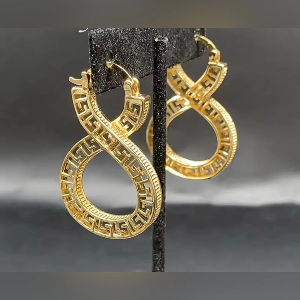 18K Gold Infinity Shape Hoop Style Earrings With Greek Style Design